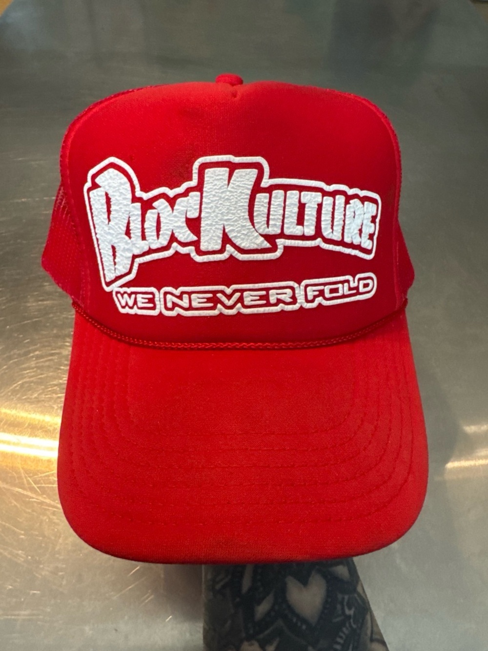 Red 'BlocKulture We Never Fold' Trucker Hat